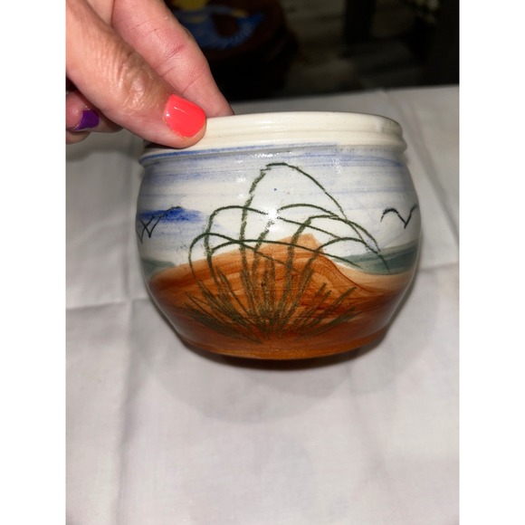 Handmade Other - Signed Studio Pottery Coastal Beach Scene Ceramic Bowl Hand Painted Landscape